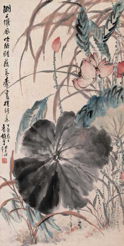 吴待秋 丁亥（1947年）作 湖上藕花 镜心
